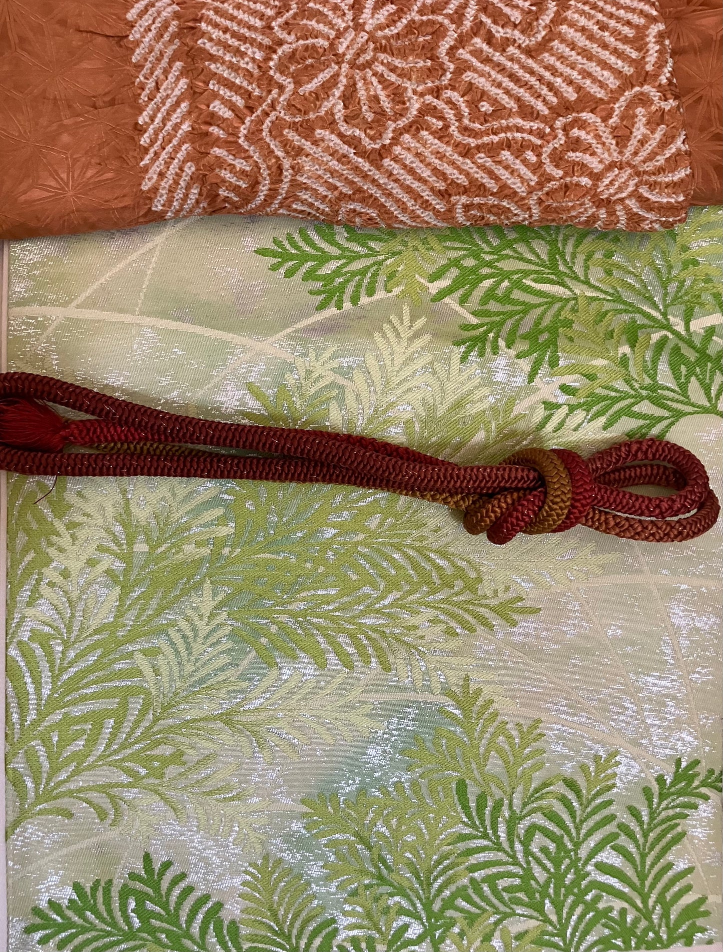 Wide Nishijin Obi sash- Green Hinoki leaves