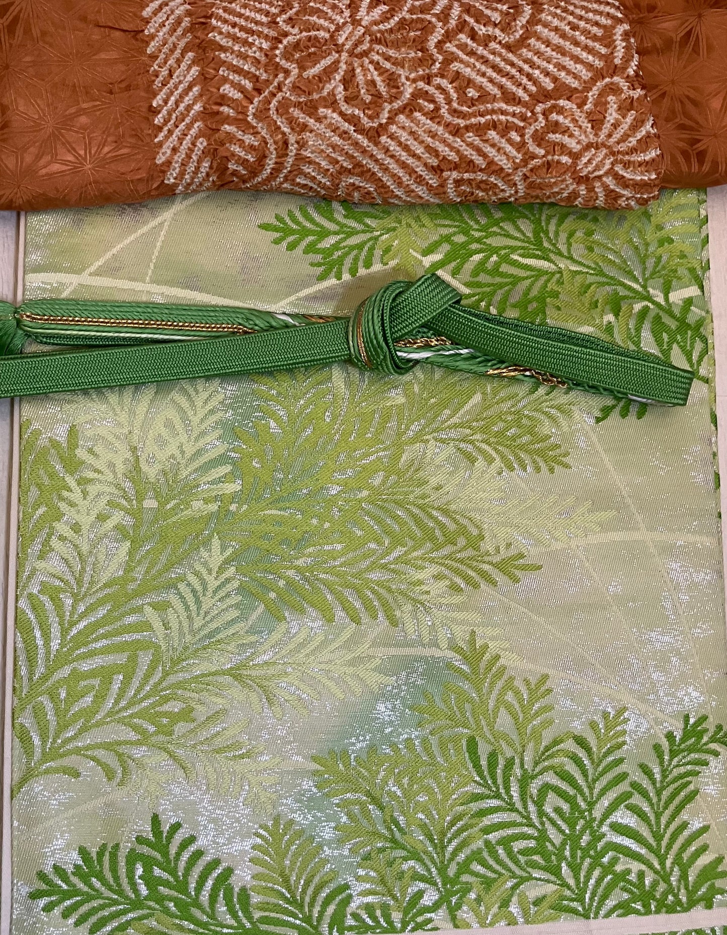 Wide Nishijin Obi sash- Green Hinoki leaves