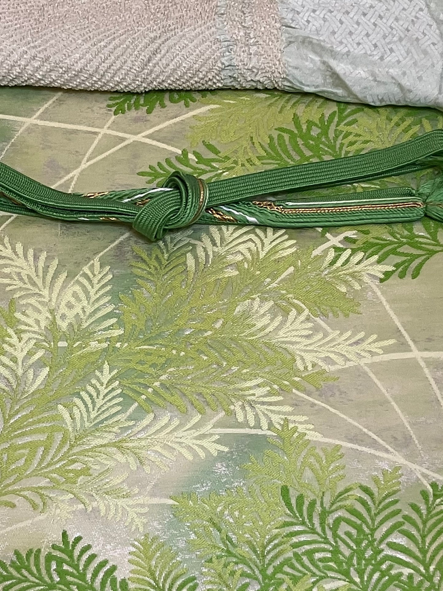 Wide Nishijin Obi sash- Green Hinoki leaves
