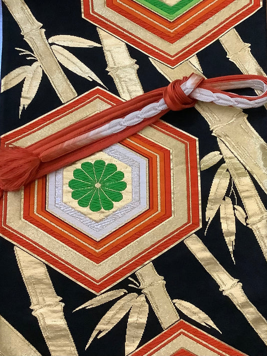 Wide Nishijin Obi sash belt-Gold bamboo and Kikko hexagon in Black