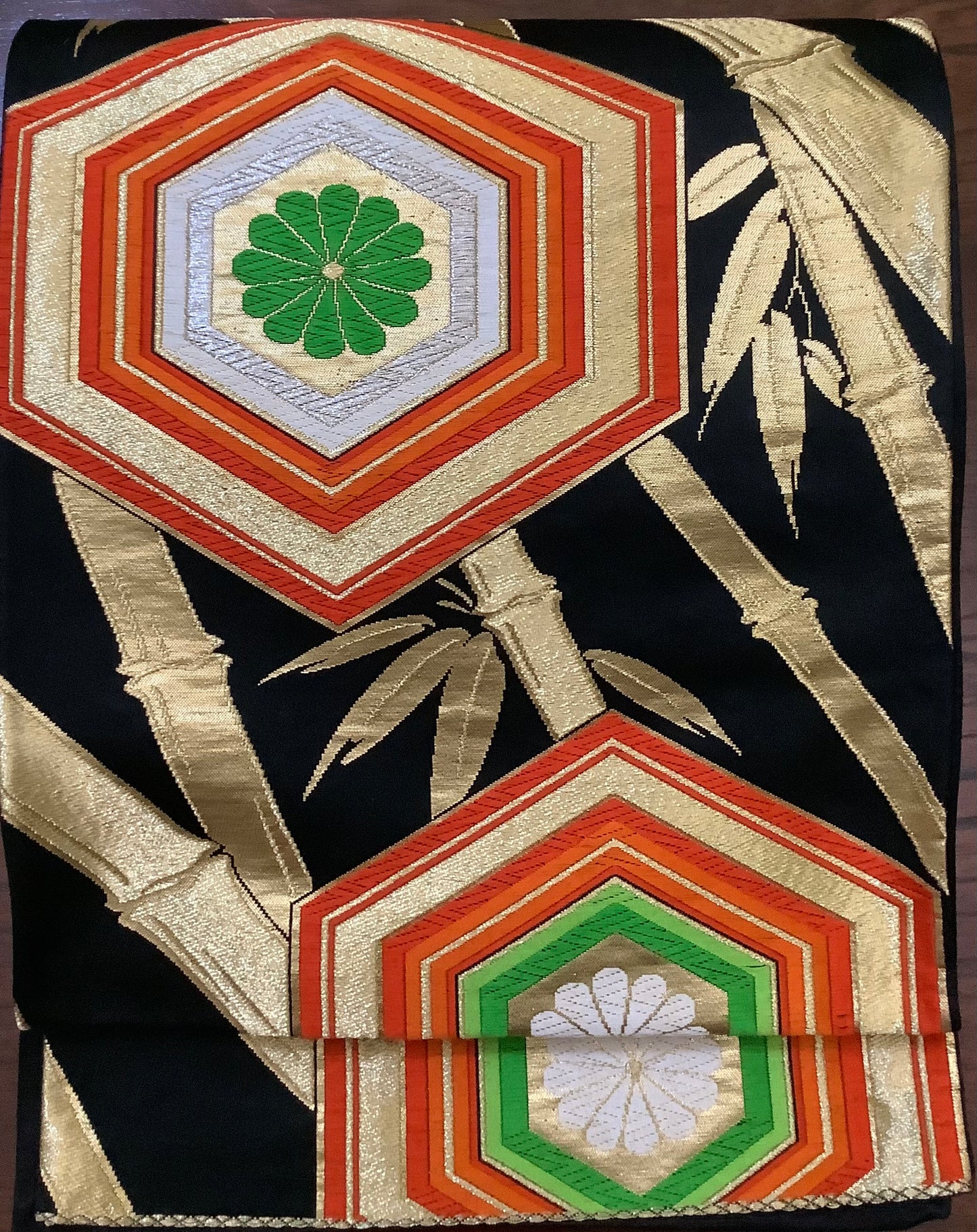 Wide Nishijin Obi sash belt-Gold bamboo and Kikko hexagon in Black