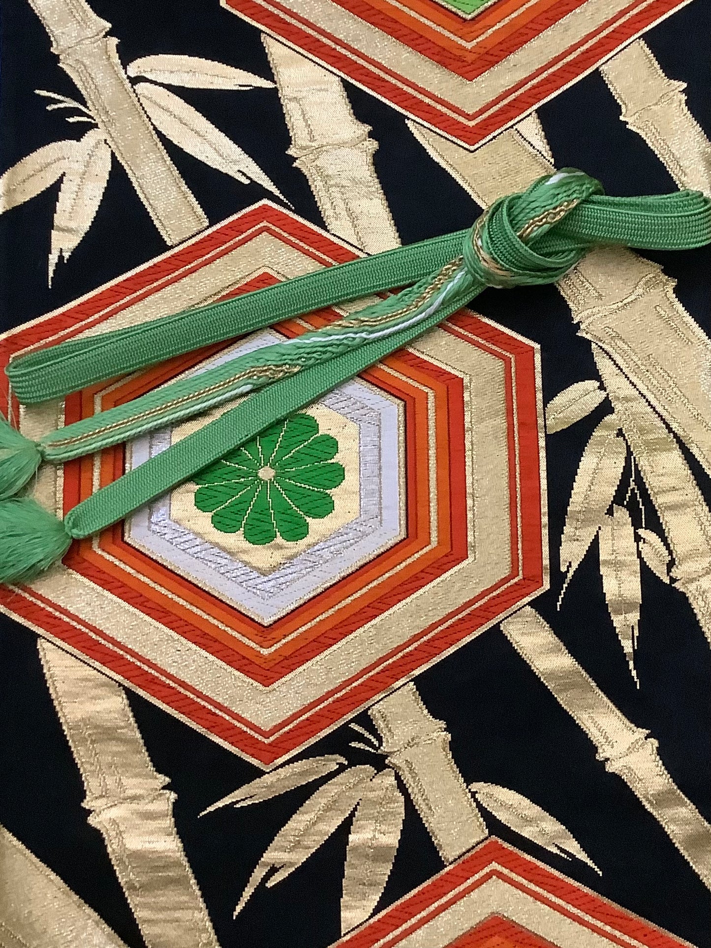 Wide Nishijin Obi sash belt-Gold bamboo and Kikko hexagon in Black