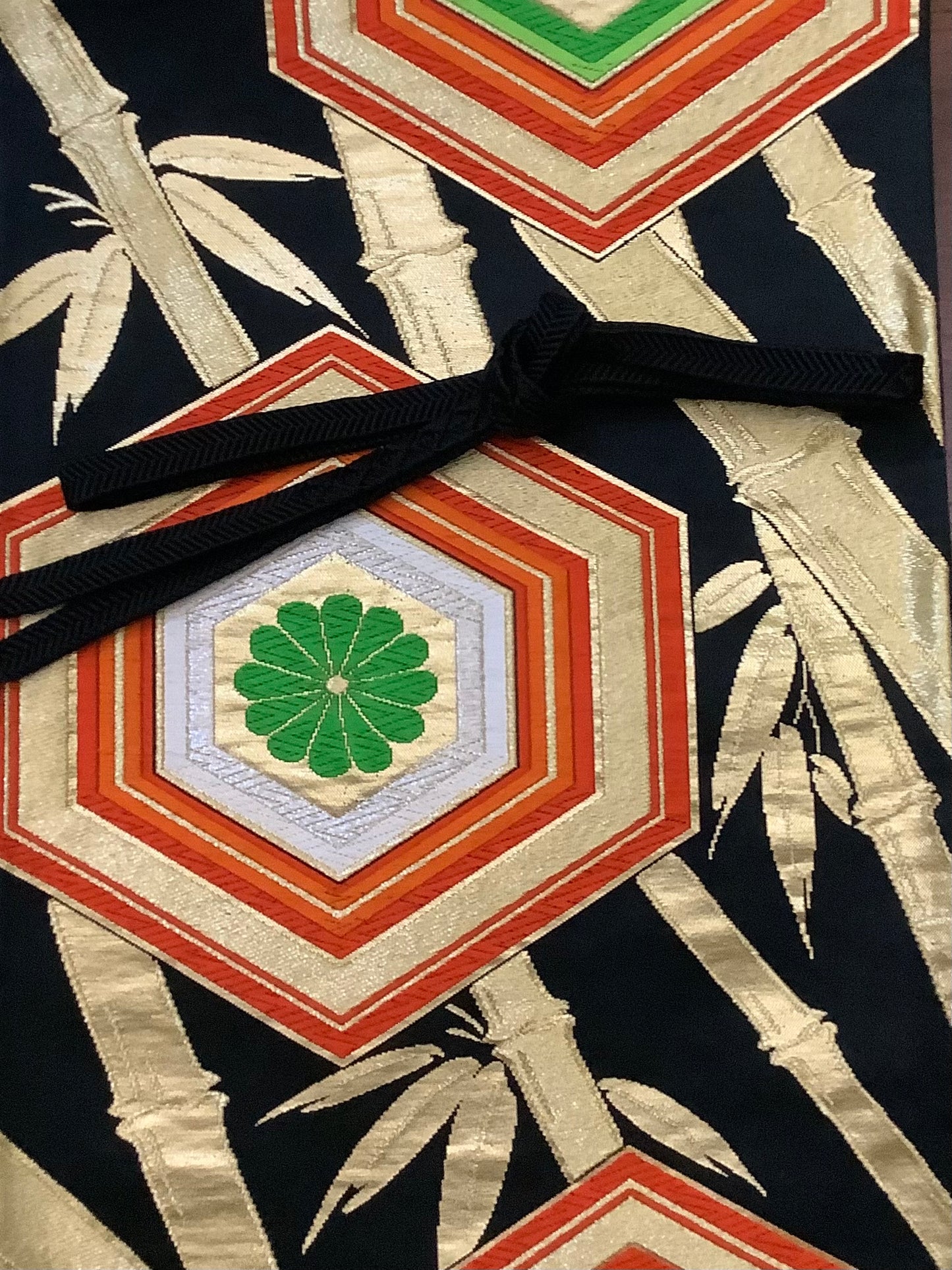 Wide Nishijin Obi sash belt-Gold bamboo and Kikko hexagon in Black
